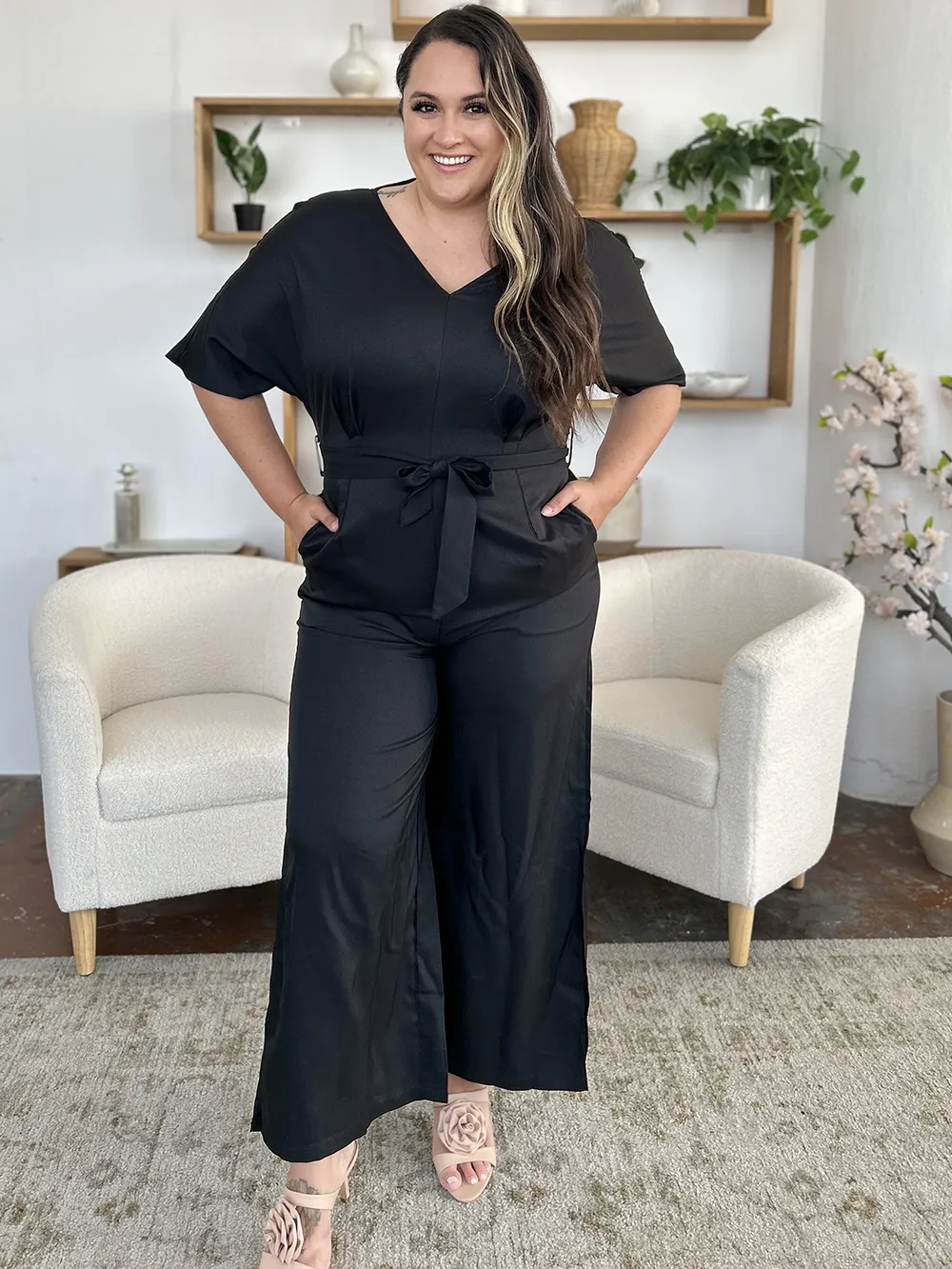 Full Size V-Neck Tied Side Slit Jumpsuit, image 2