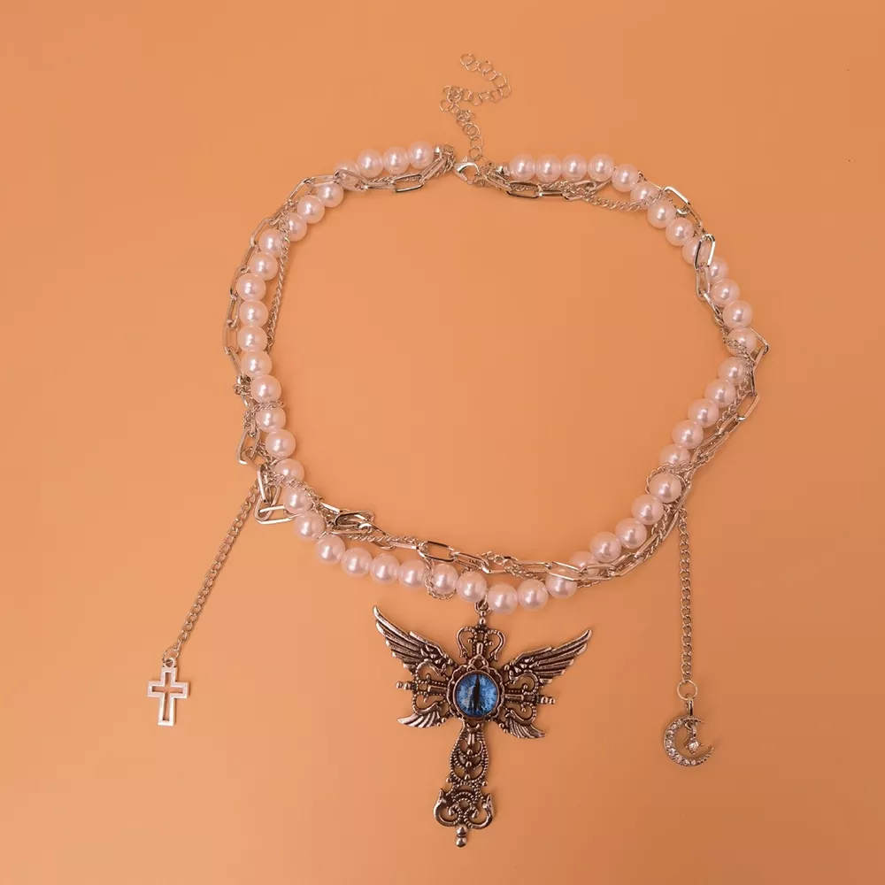 Gothic Pearl Double Layered Necklace with Wing Pendant, image 5