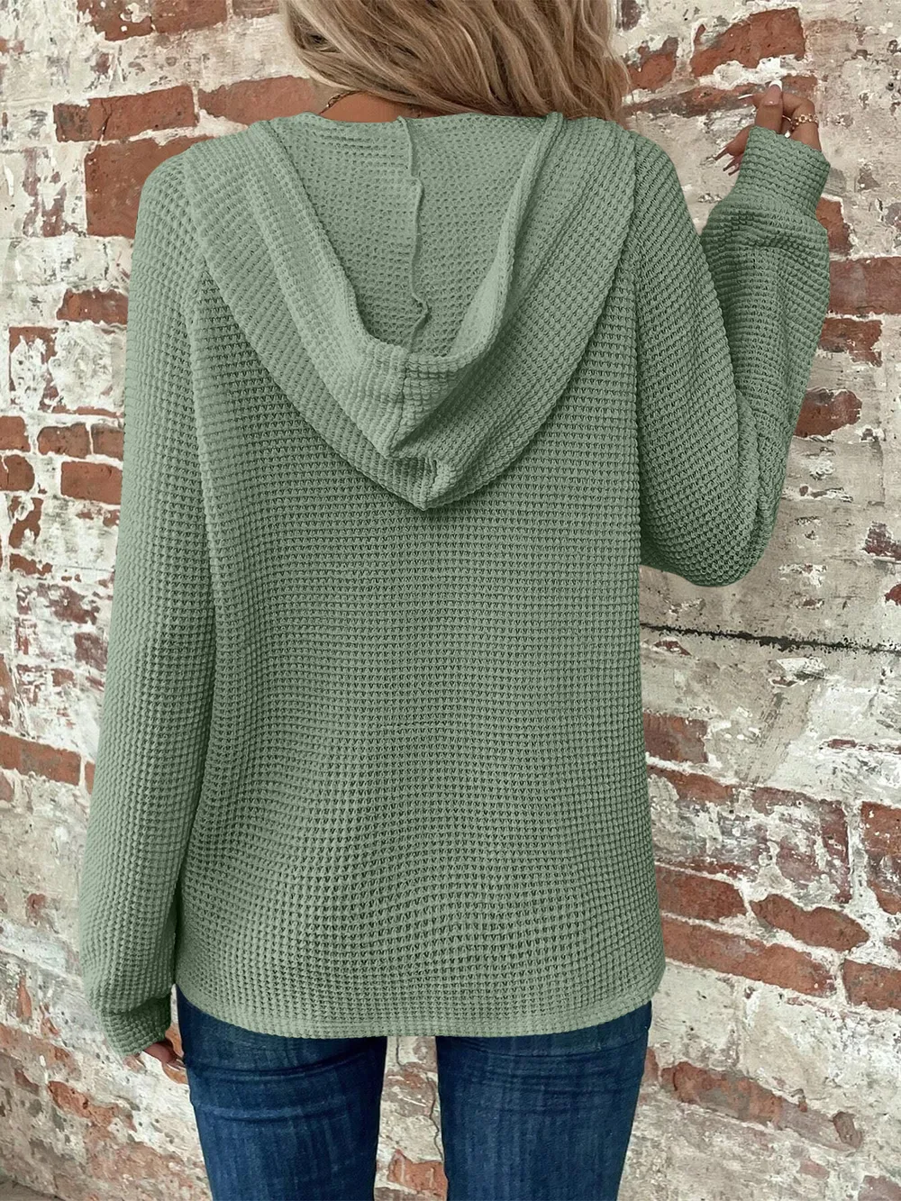 Waffle Knit Long Sleeve Drawstring Hooded Top, image 28