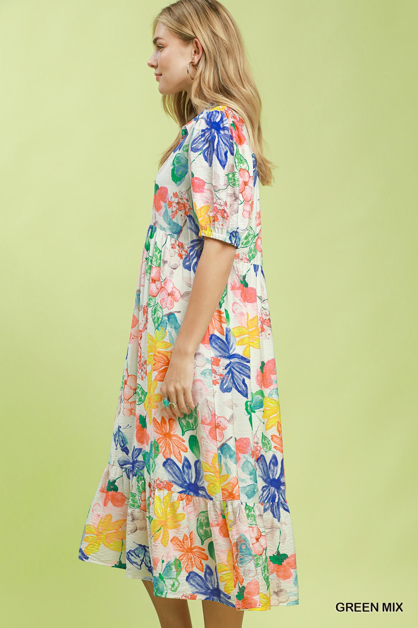 Watercolor Floral Tiered Midi Dress, image 2