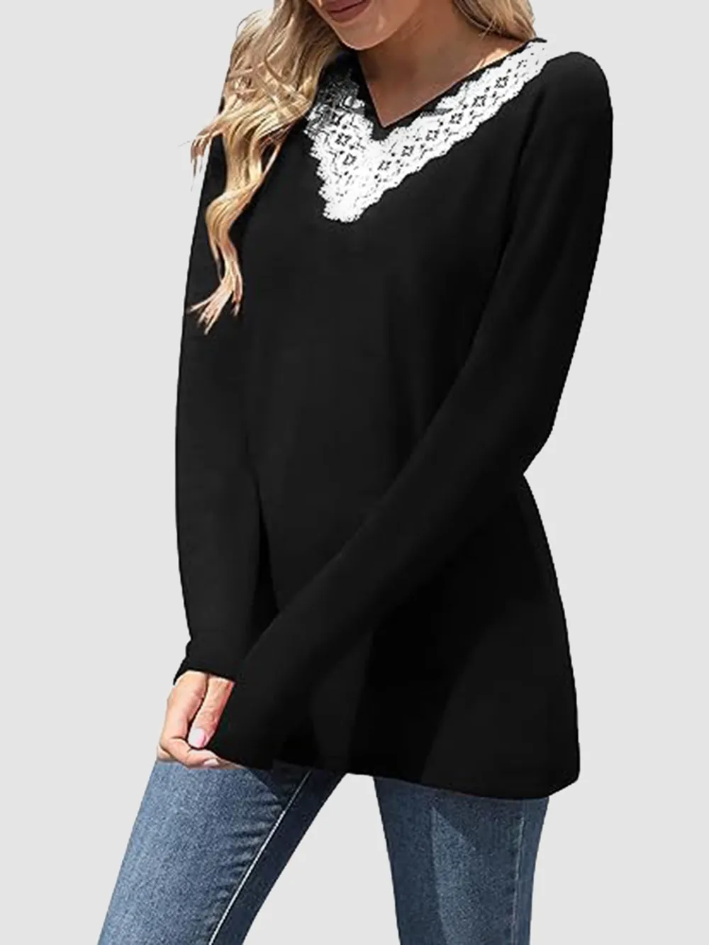 Lace Detail V-Neck Long Sleeve T-Shirt, image 15