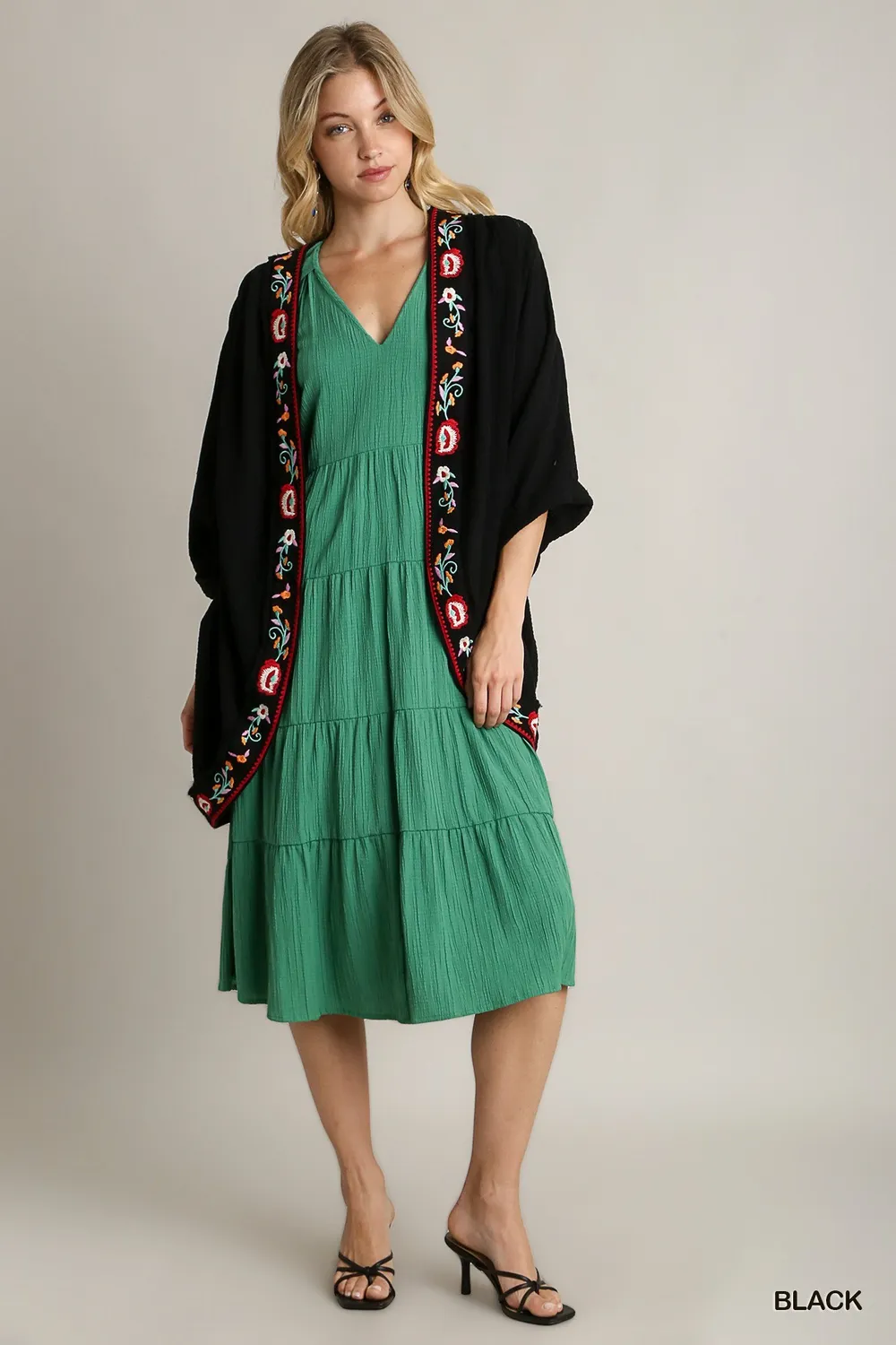 Embroidery Open Front Kimono with Pleated Shoulder Detail, image 5