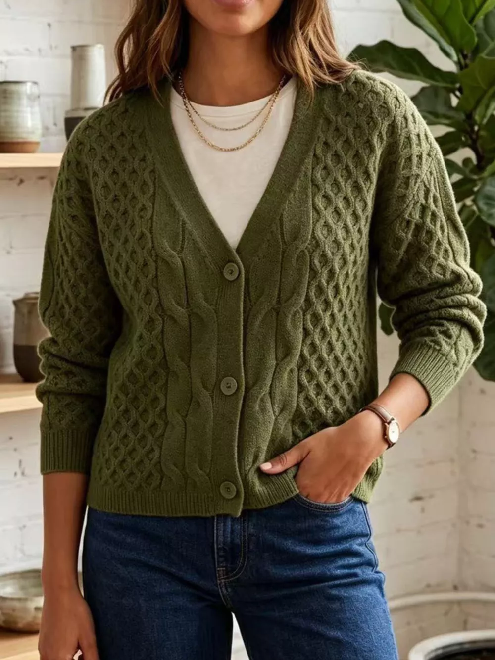 Cable-Knit V-Neck Button-Down Cardigan, image 8