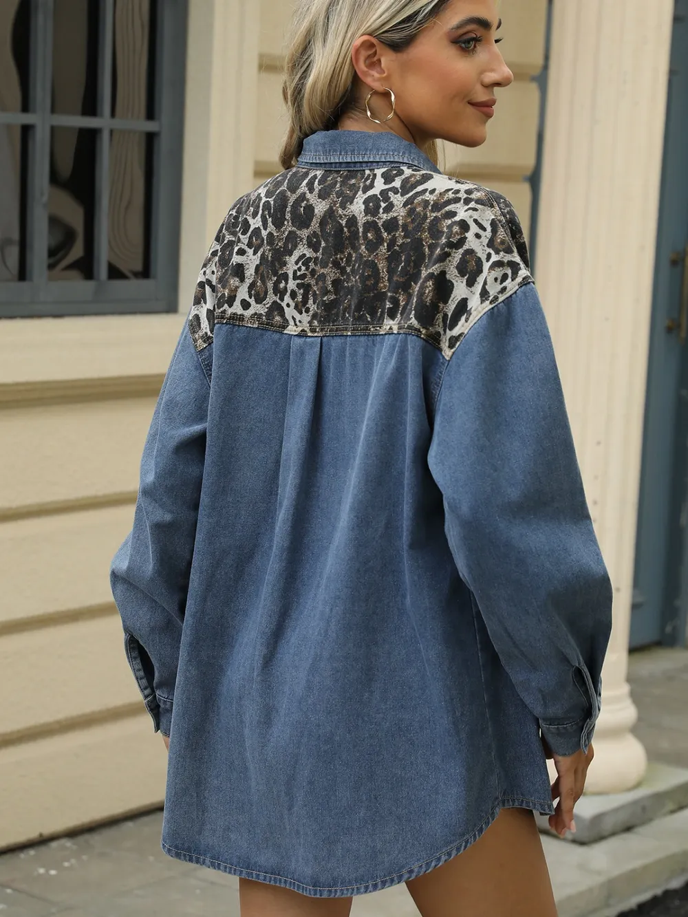 Leopard Button Up Long Sleeve Denim Jacket, image 2