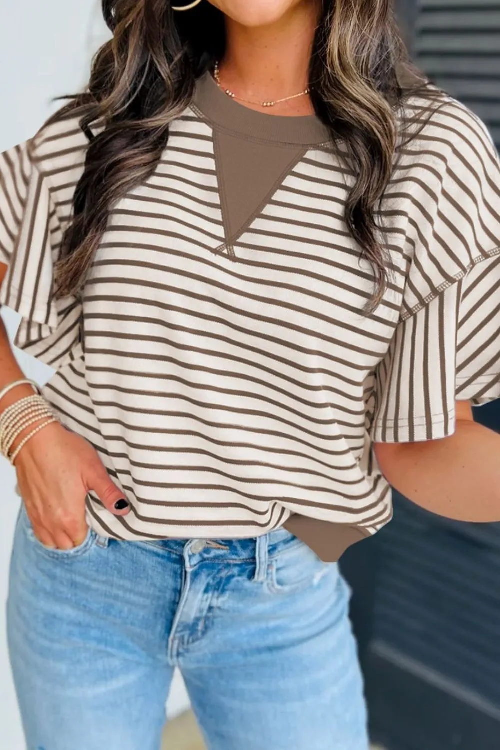 Contrast Striped Ruffle Short Sleeve Top, image 3