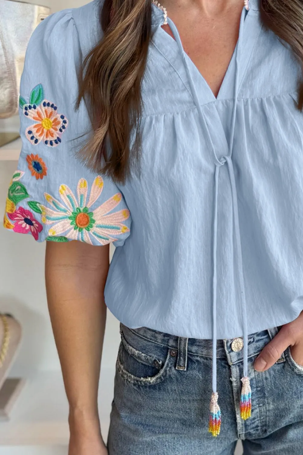 Embroidered Tie Neck Short Sleeve Blouse, image 4