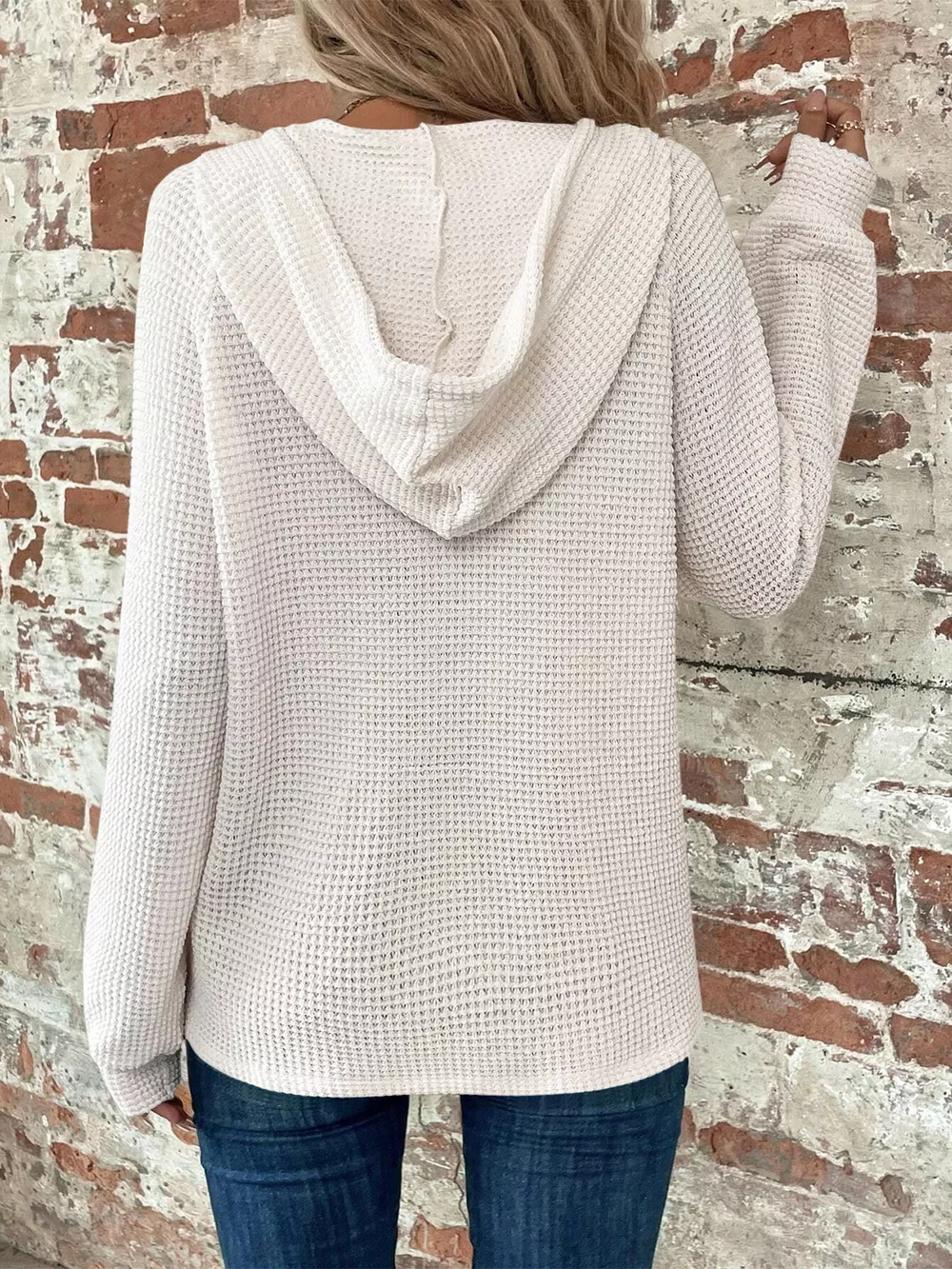 Waffle Knit Long Sleeve Drawstring Hooded Top, image 3