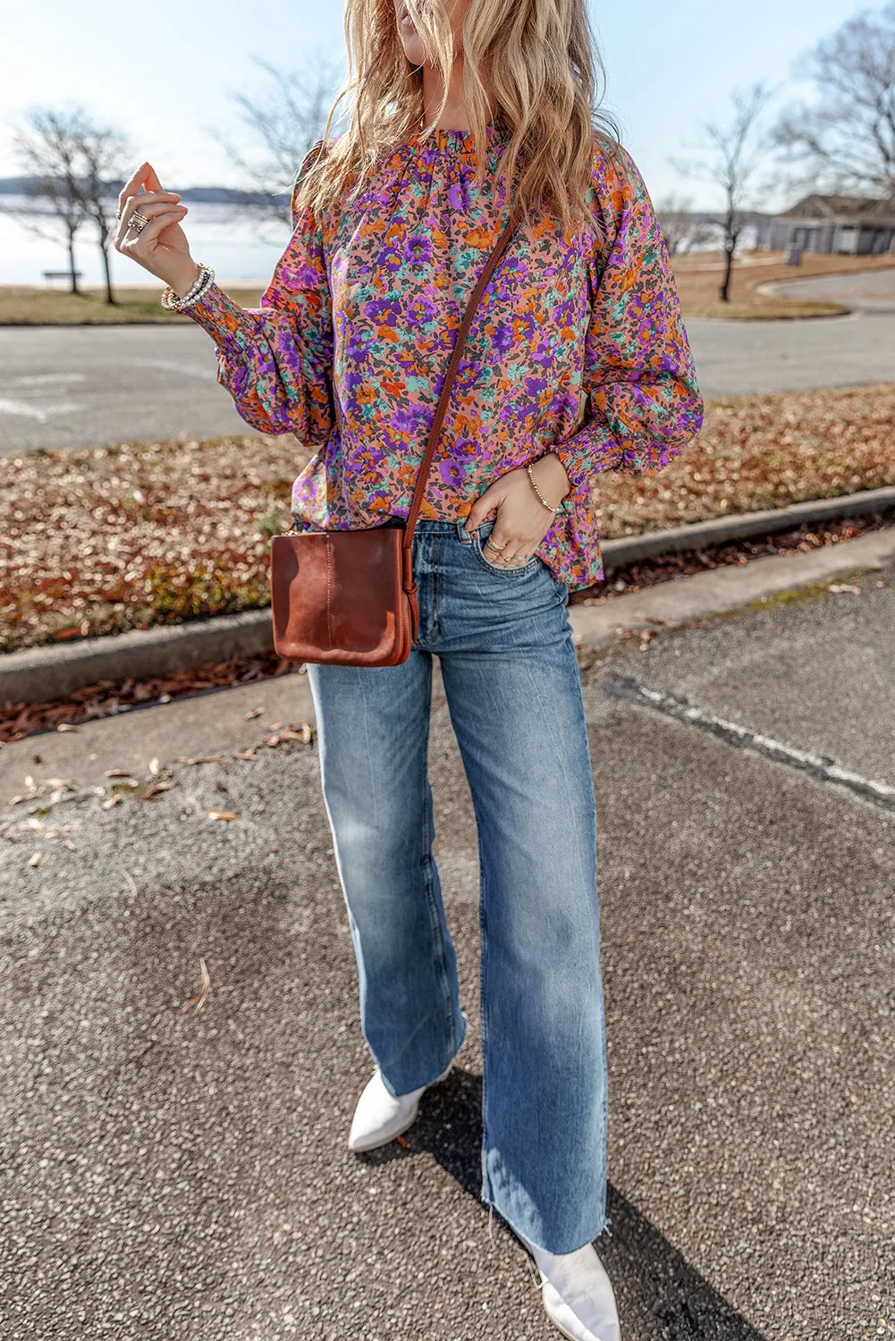 Floral Round Neck Long Sleeve Blouse, image 2