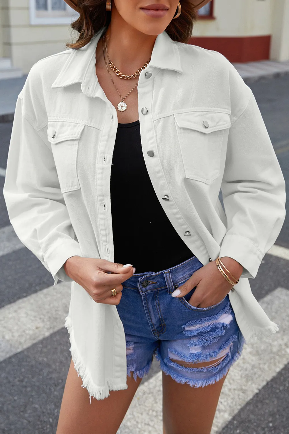 Button Up Pocketed Raw Hem Denim Jacket, image 3