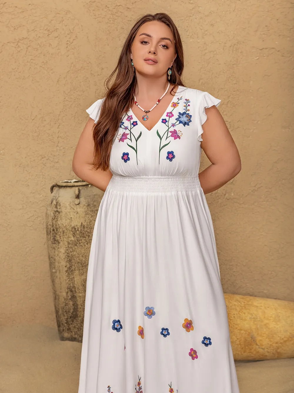 Plus Size Embroidered Floral V-Neck Cap Sleeve Maxi Dress, image 2