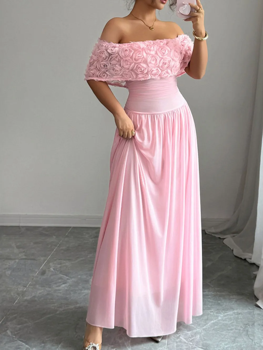 Off-Shoulder Rose Embellished Maxi Dress, image 4