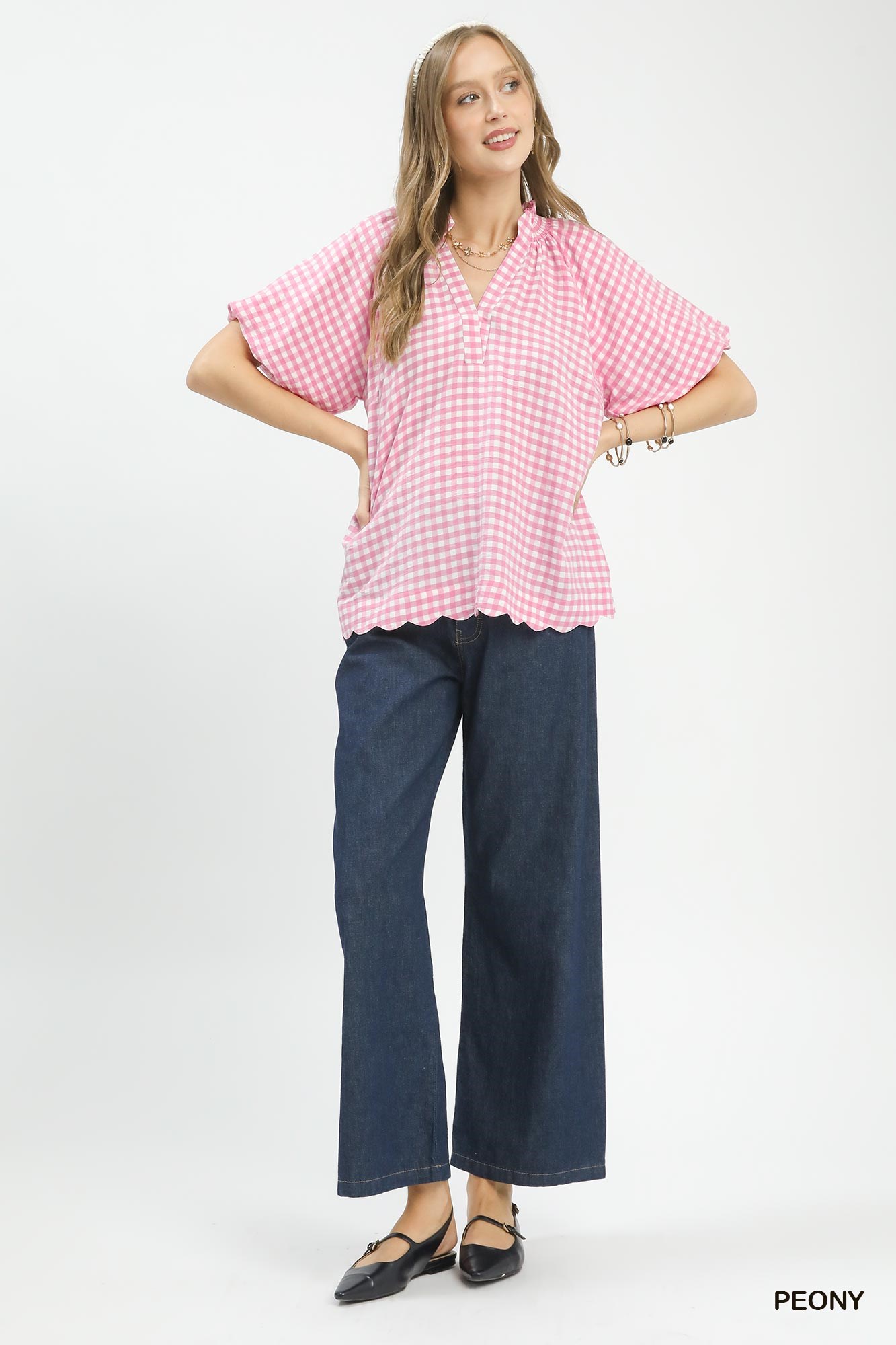 Gingham Bubble Sleeve Blouse with Scallop Hem, image 2