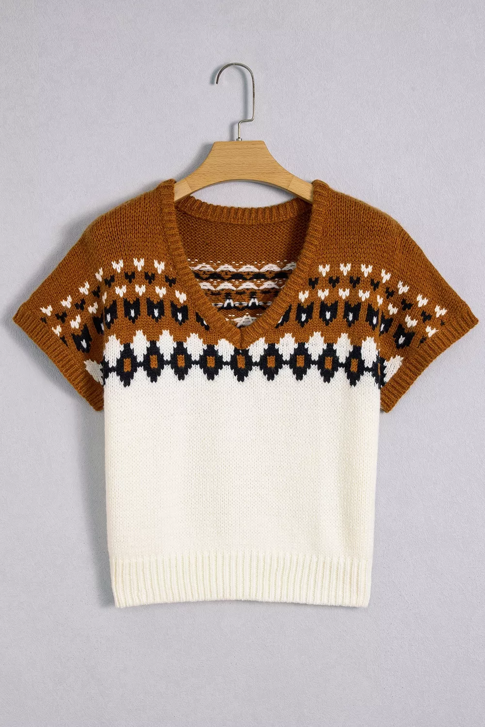 V Neck Short Sleeve Geometric Sweater, image 7