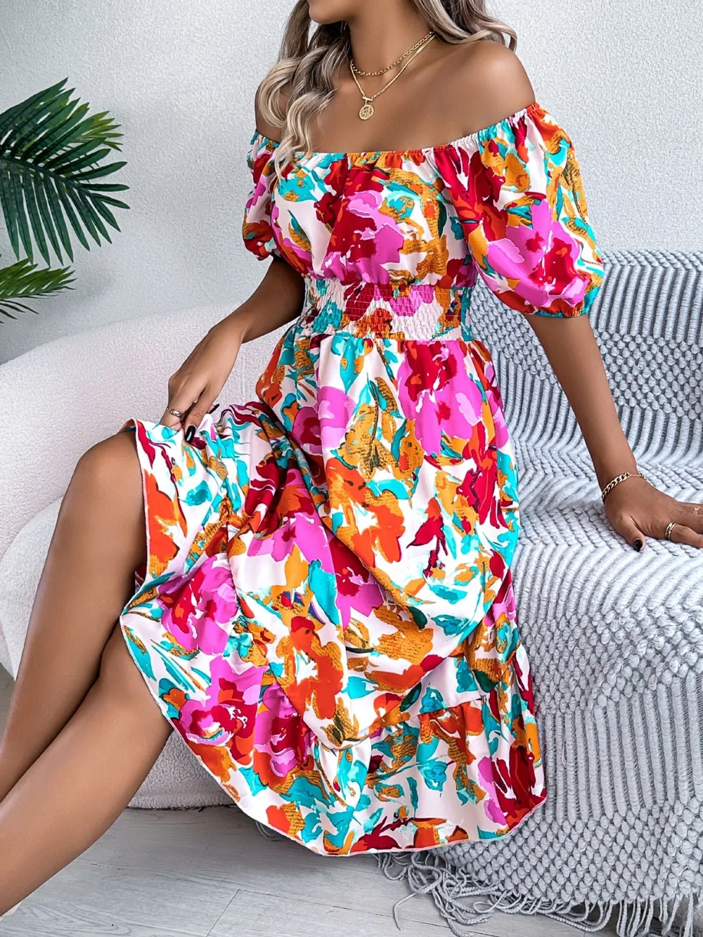 Ruffled Hem Smocked Floral Short Sleeve Midi Dress, image 3
