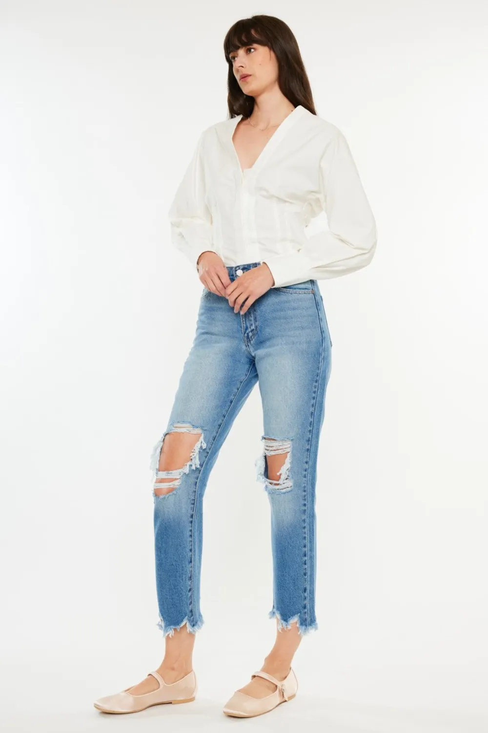 Distressed Frayed Hem Cropped Jeans, image 2