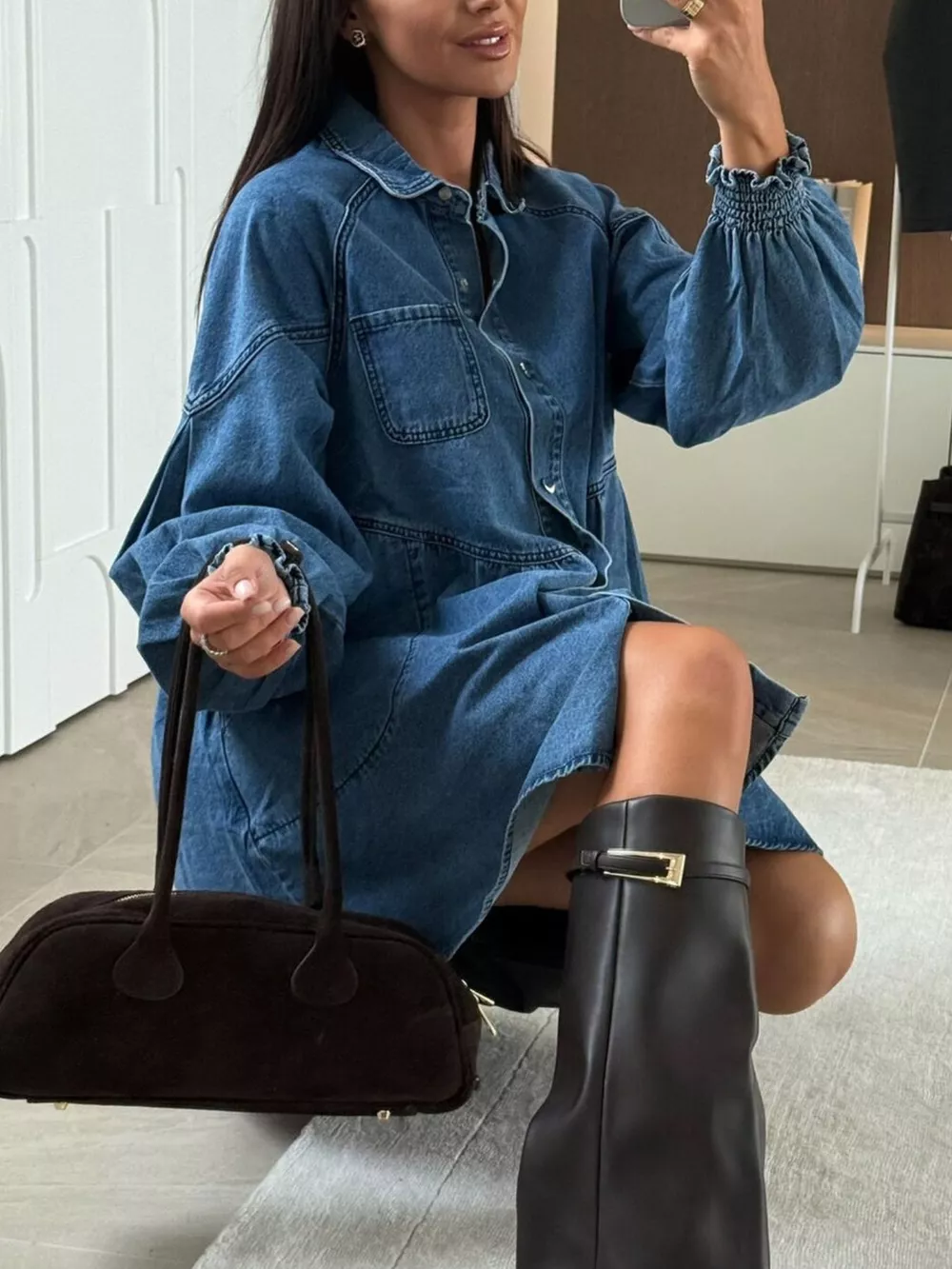 Button Down Mini Denim Dress with Front Pockets, image 5