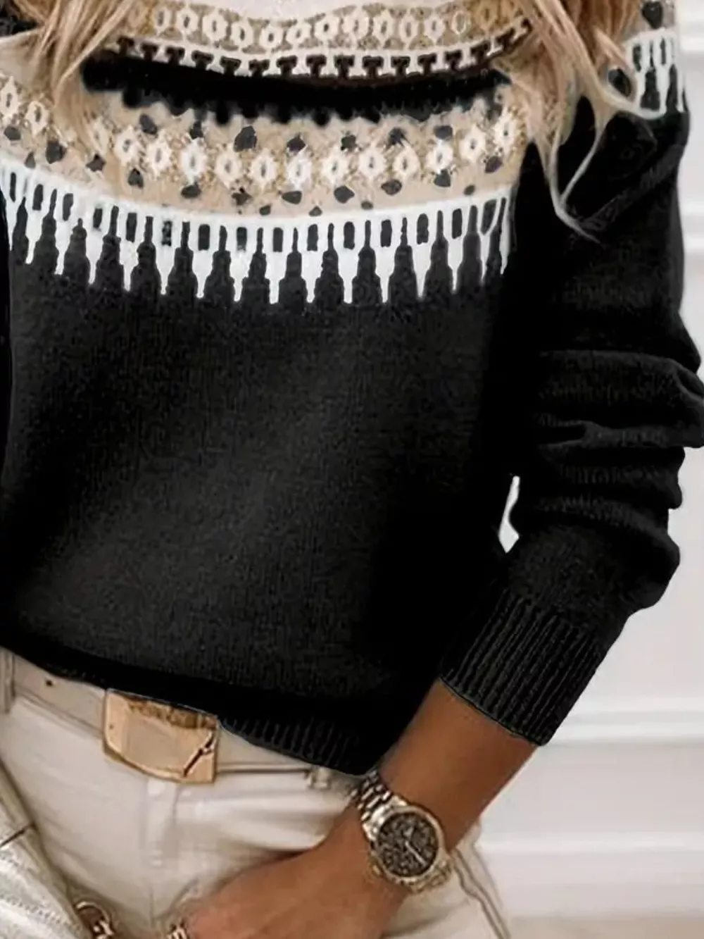 Full Size Vintage Patterned Round Neck Sweater Plus Size, image 11