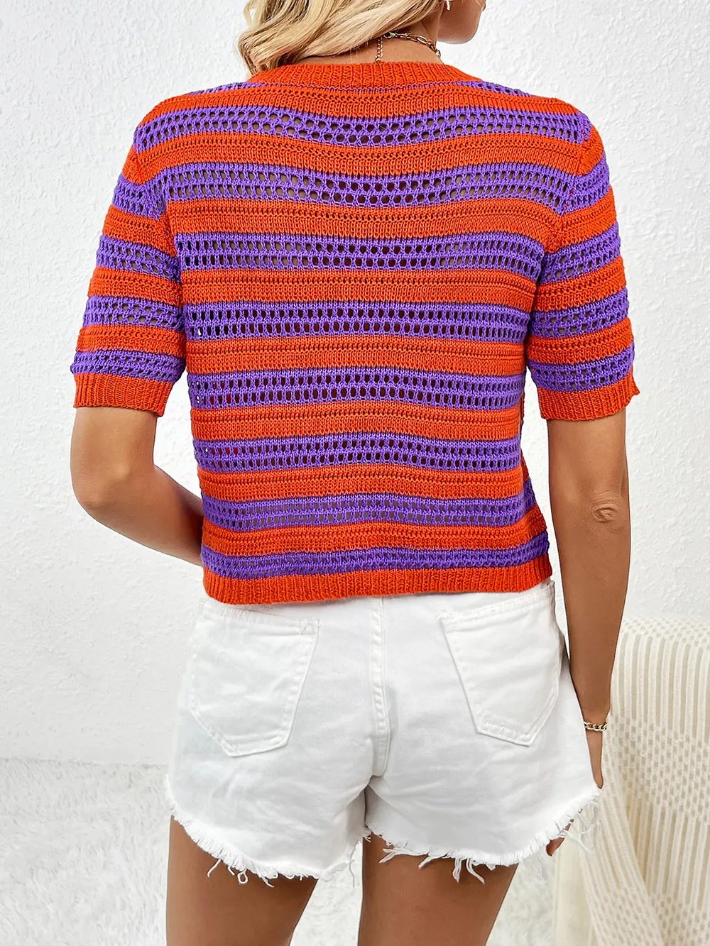 Openwork Striped Round Neck Short Sleeve Knit Top, image 9