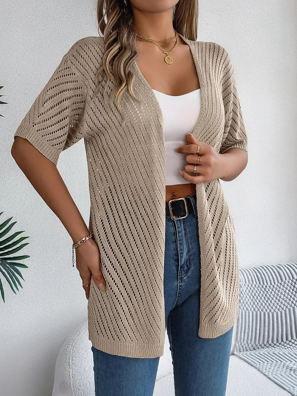 Openwork Open Front Half Sleeve Cardigan, image 3