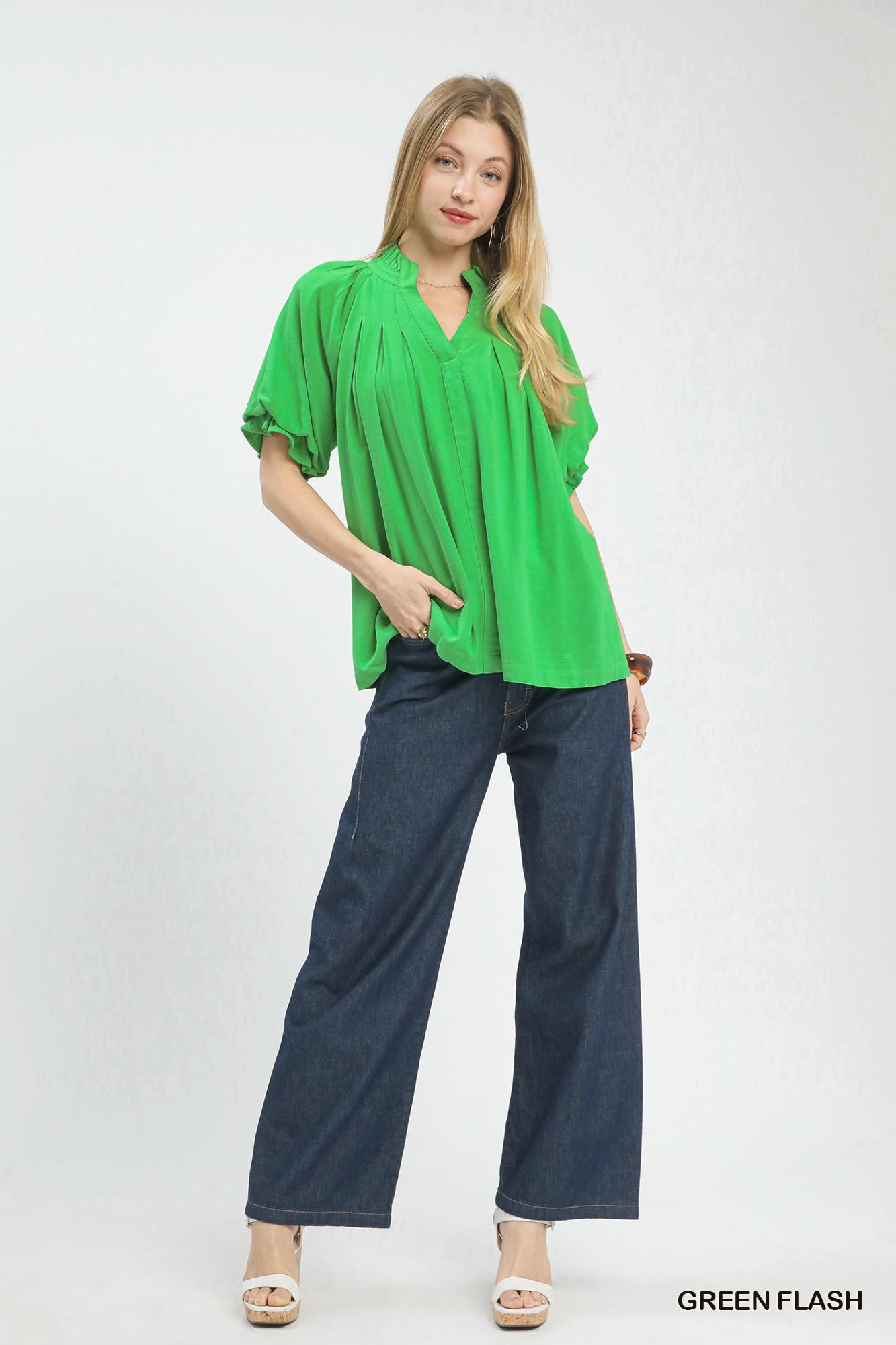Linen V-Neck Flutter Sleeve Top, image 2