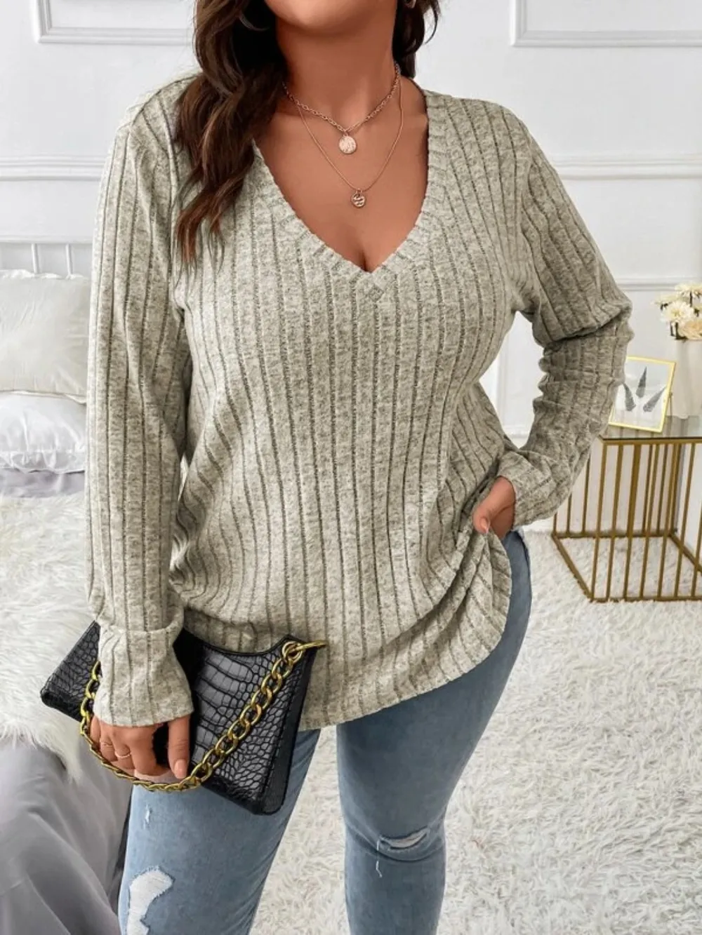 Plus Size V-Neck Long Sleeve T-Shirt, image 2