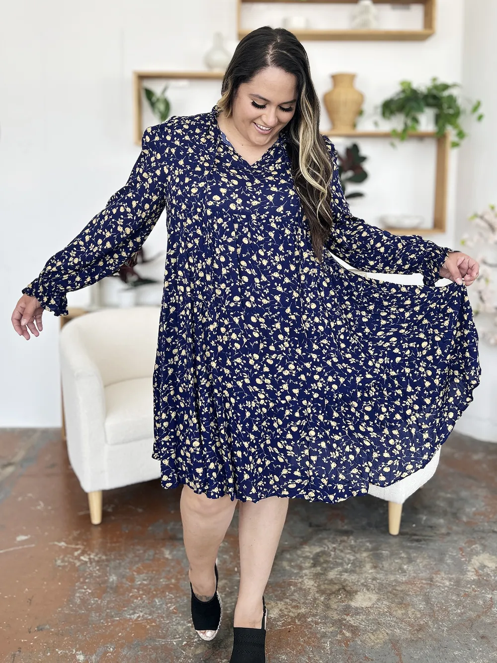 Full Size Printed Ruffle Hem Long Sleeve Tiered Dress, image 5