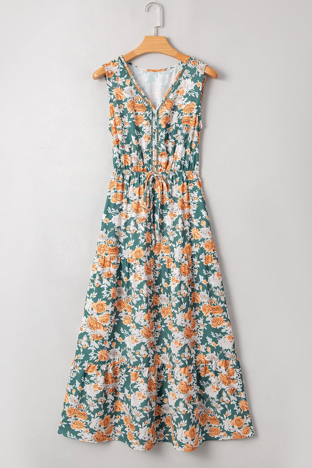 Floral Print Trimmed V Neck Tie Waist Sleeveless Dress, image 2