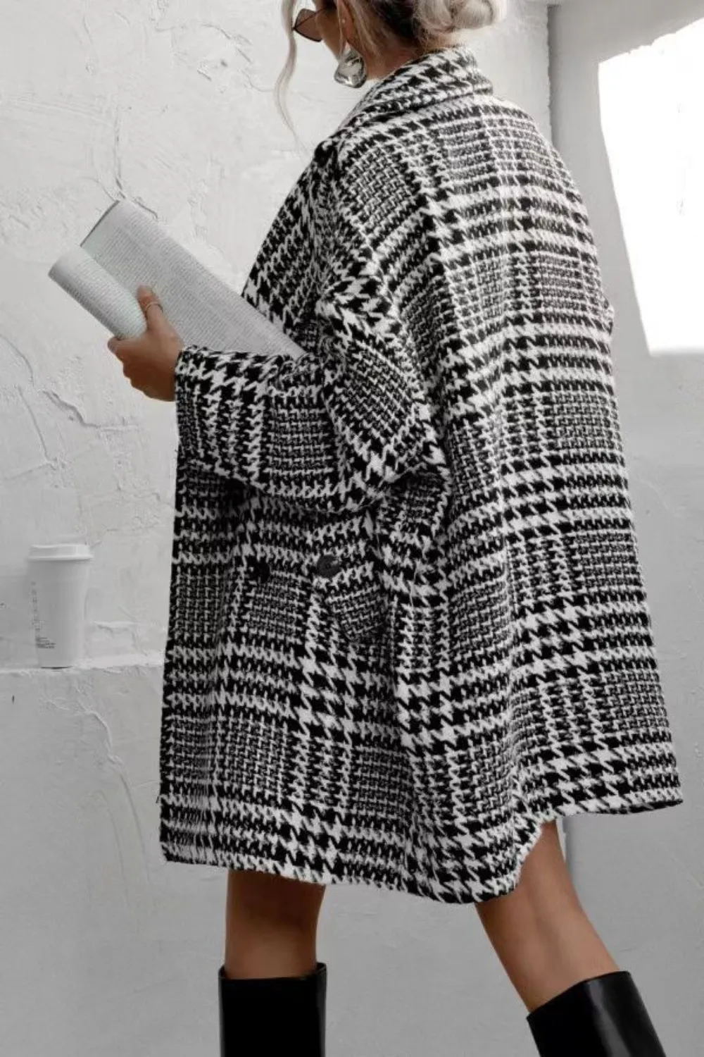 Houndstooth Collared Neck Long Sleeve Coat with Pockets, image 5