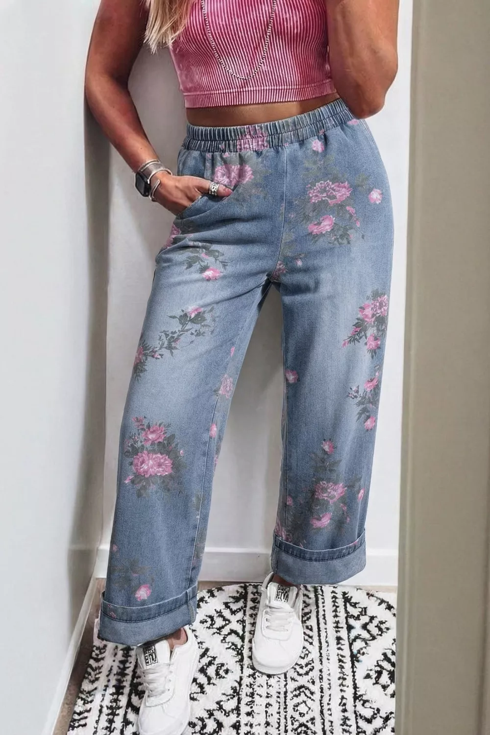 Floral Print Wide Leg Elastic Waist Jeans, image 5