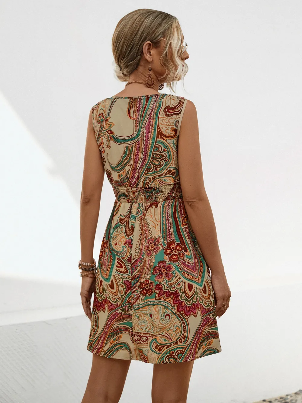 Smocked Printed V-Neck Mini Dress, image 3