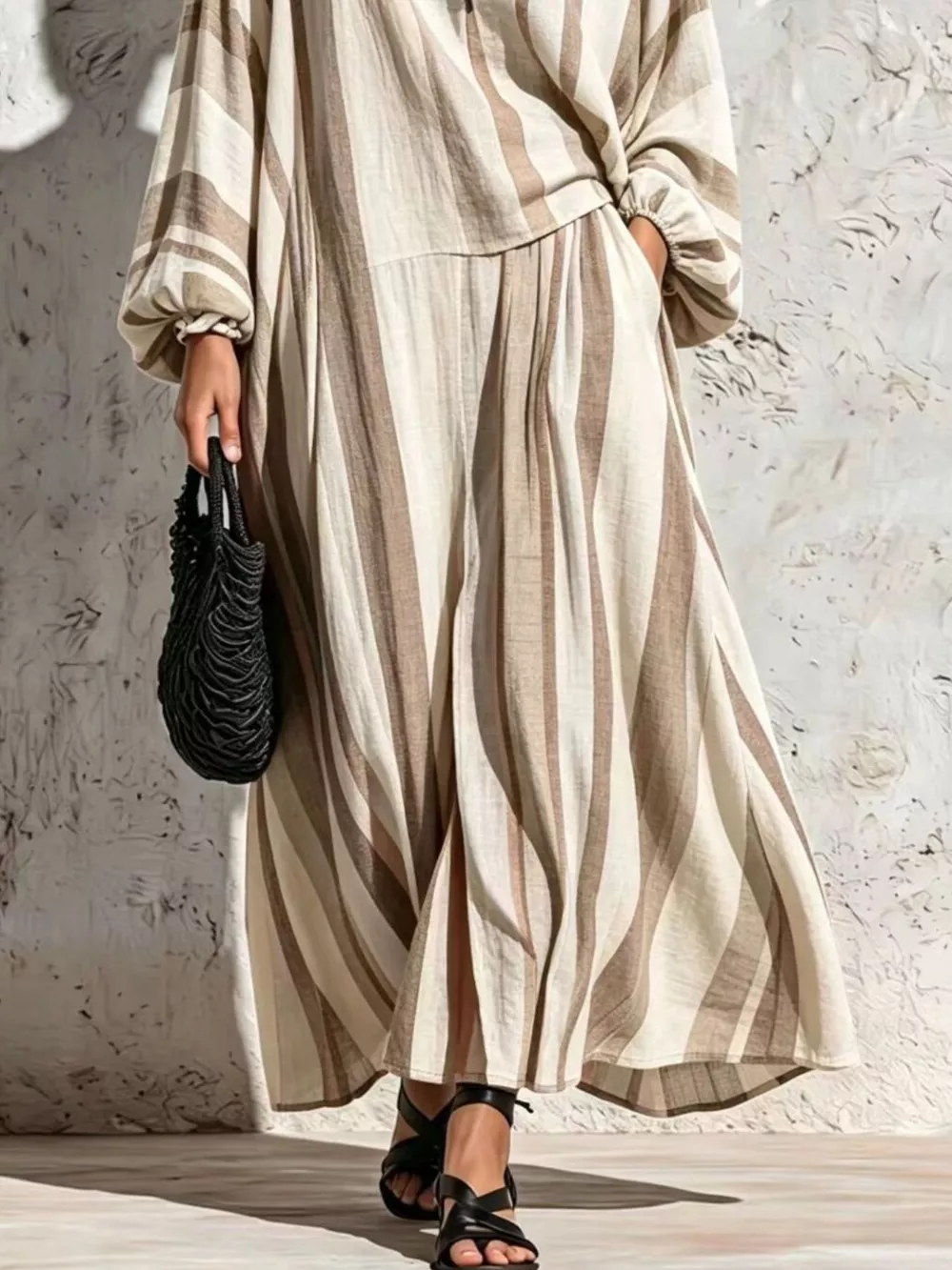Bohemian Striped V-Neck Loose Top and Wide Leg Pants Set, image 6