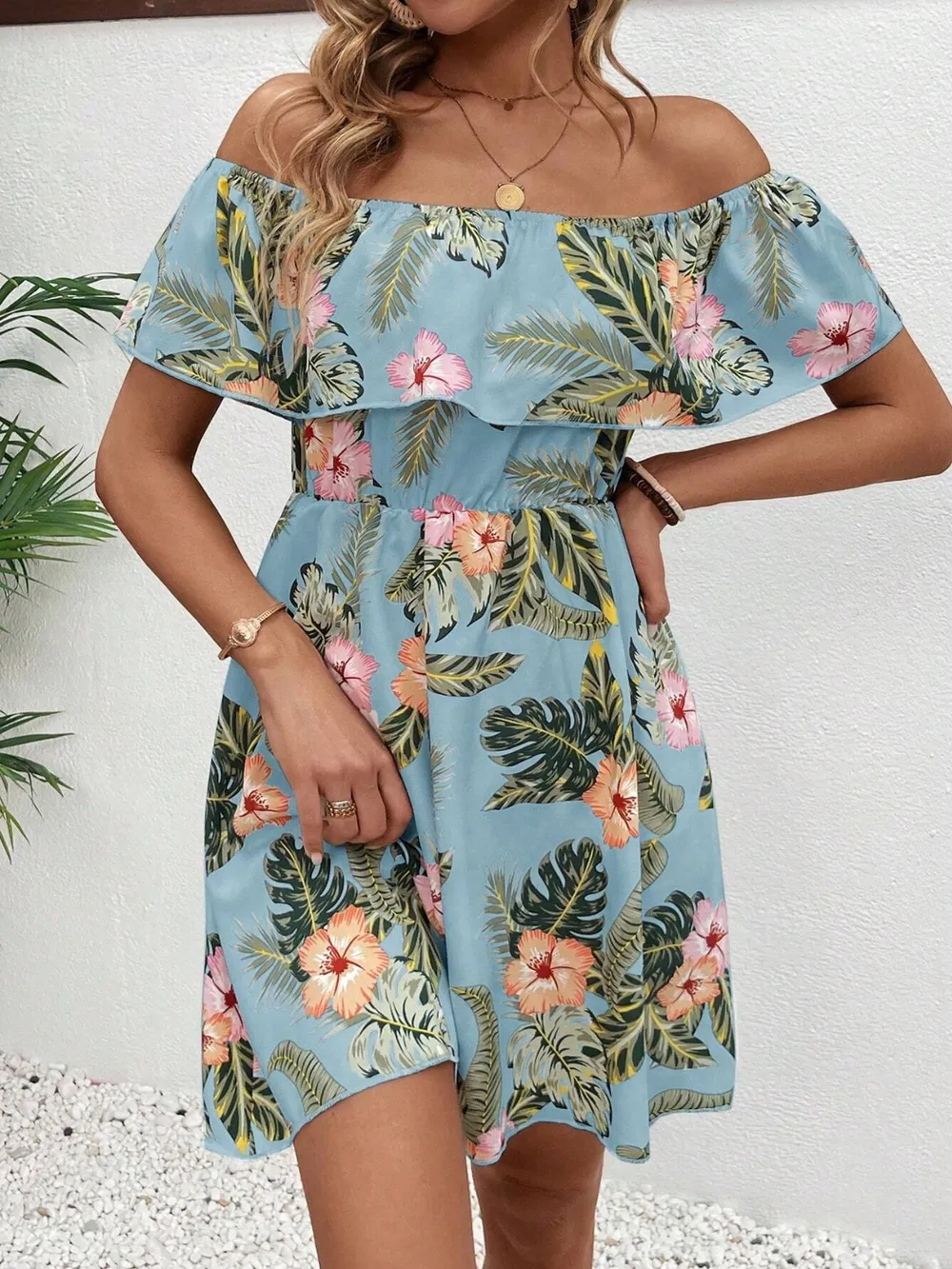 Printed Off Shoulder Mini Dress, image 2