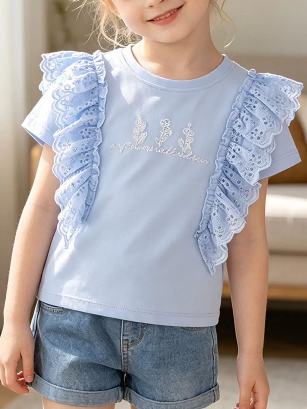 Children's Ruffled Eyelet Round Neck T-Shirt