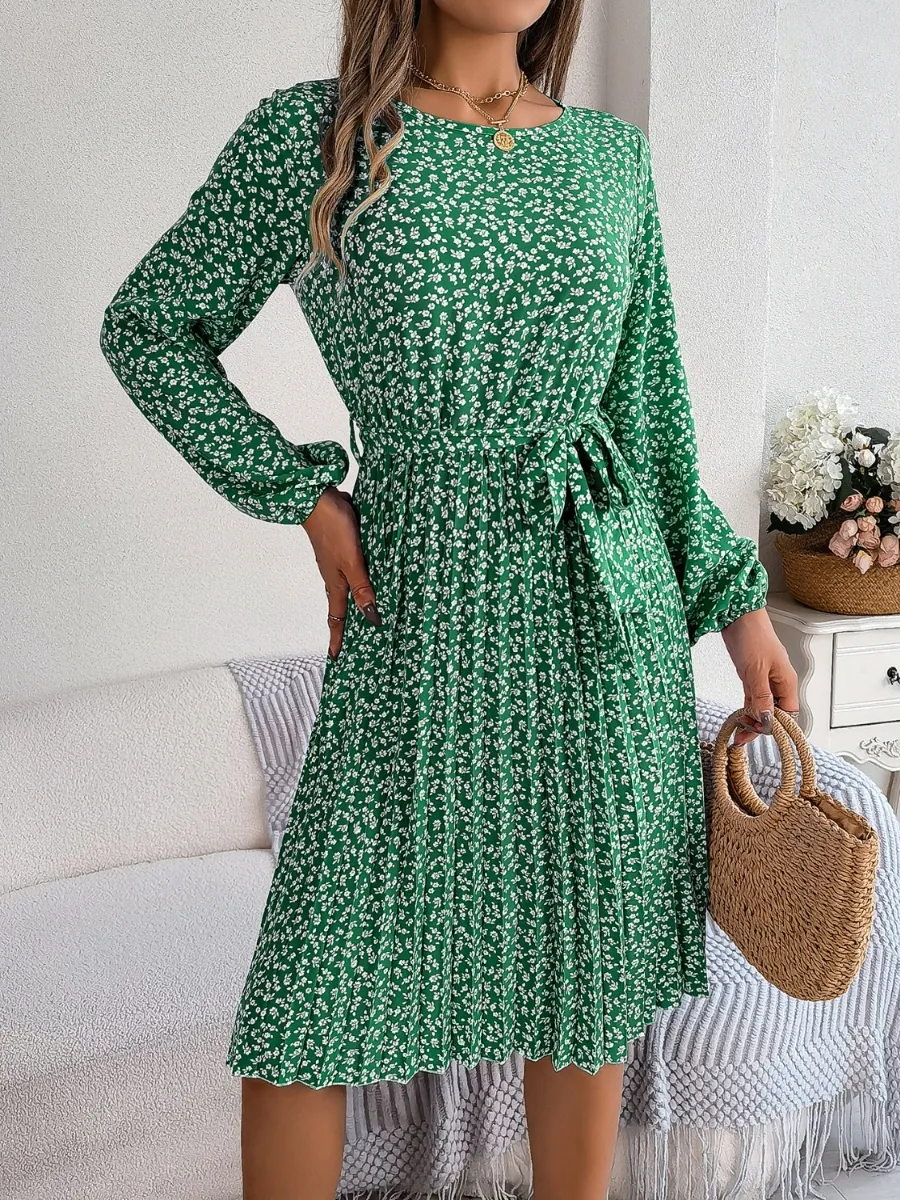 Ditsy Floral Tie Waist Pleated Dress, image 26