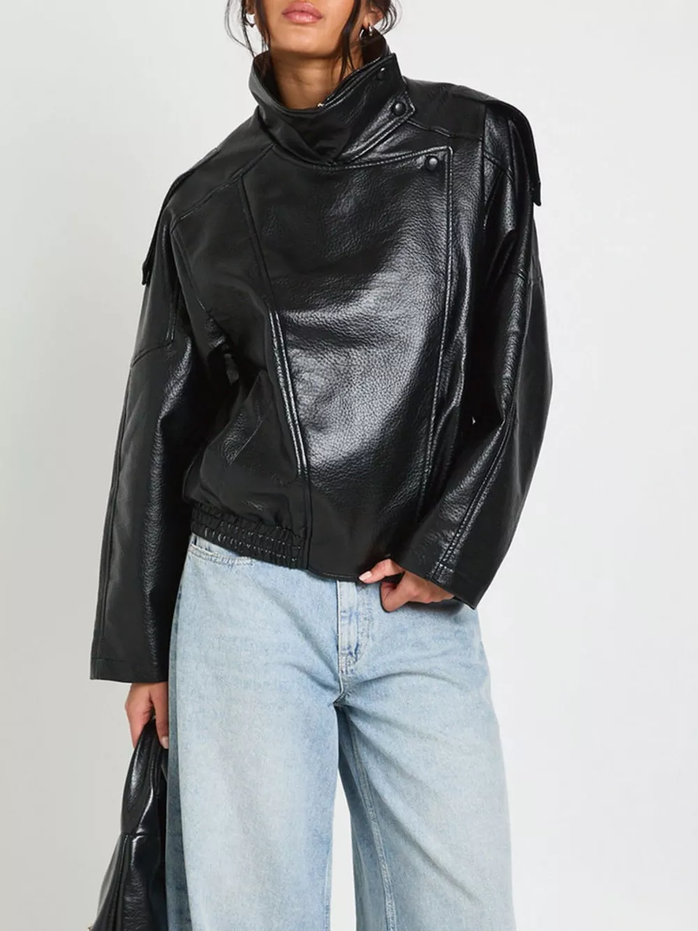 Faux Leather Moto Jacket with Asymmetrical Zip, image 3