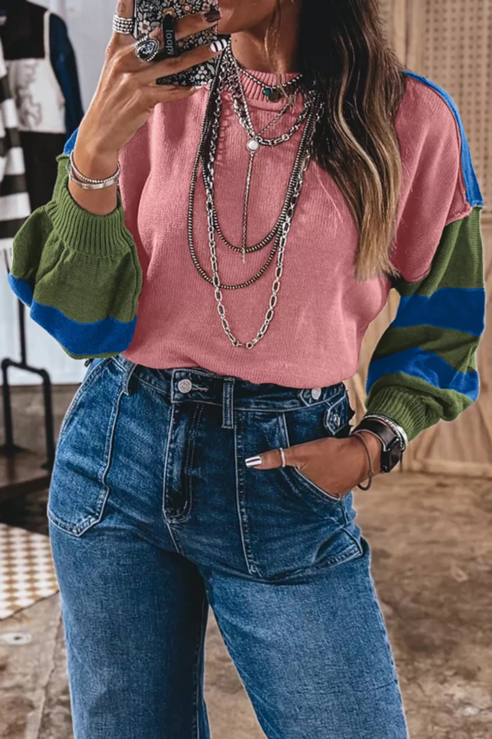 Multicolour Western Colorblock Patchwork Striped Long Sleeve Sweater, image 4