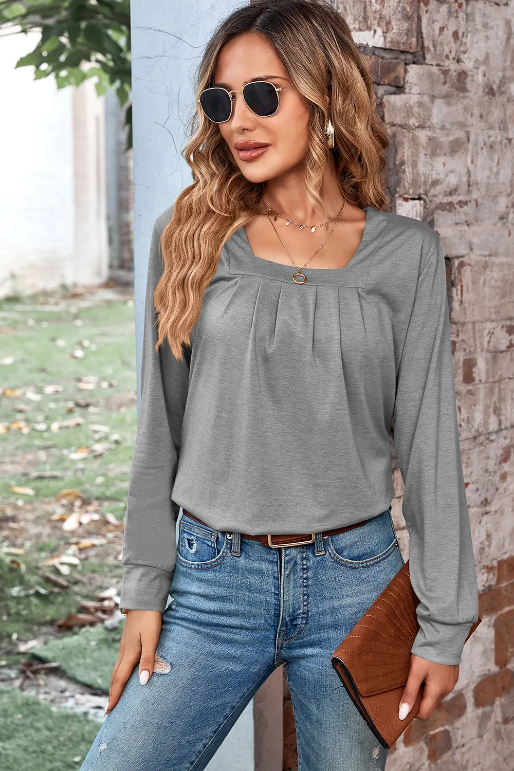 Ruched Square Neck Long Sleeve T-Shirt, image 16