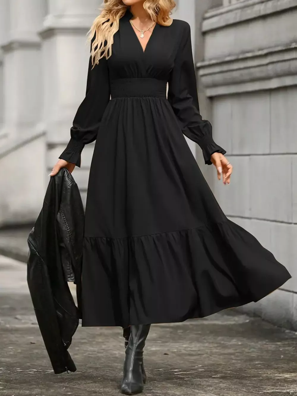 Surplice Long Sleeve Tiered Midi Dress, image 4