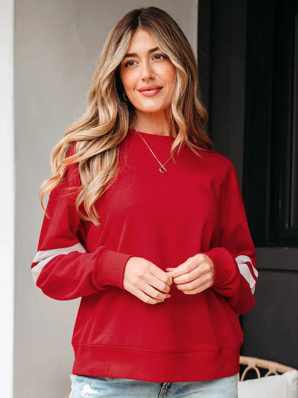 Stripe Round Neck Long Sleeve Sweatshirt, image 7