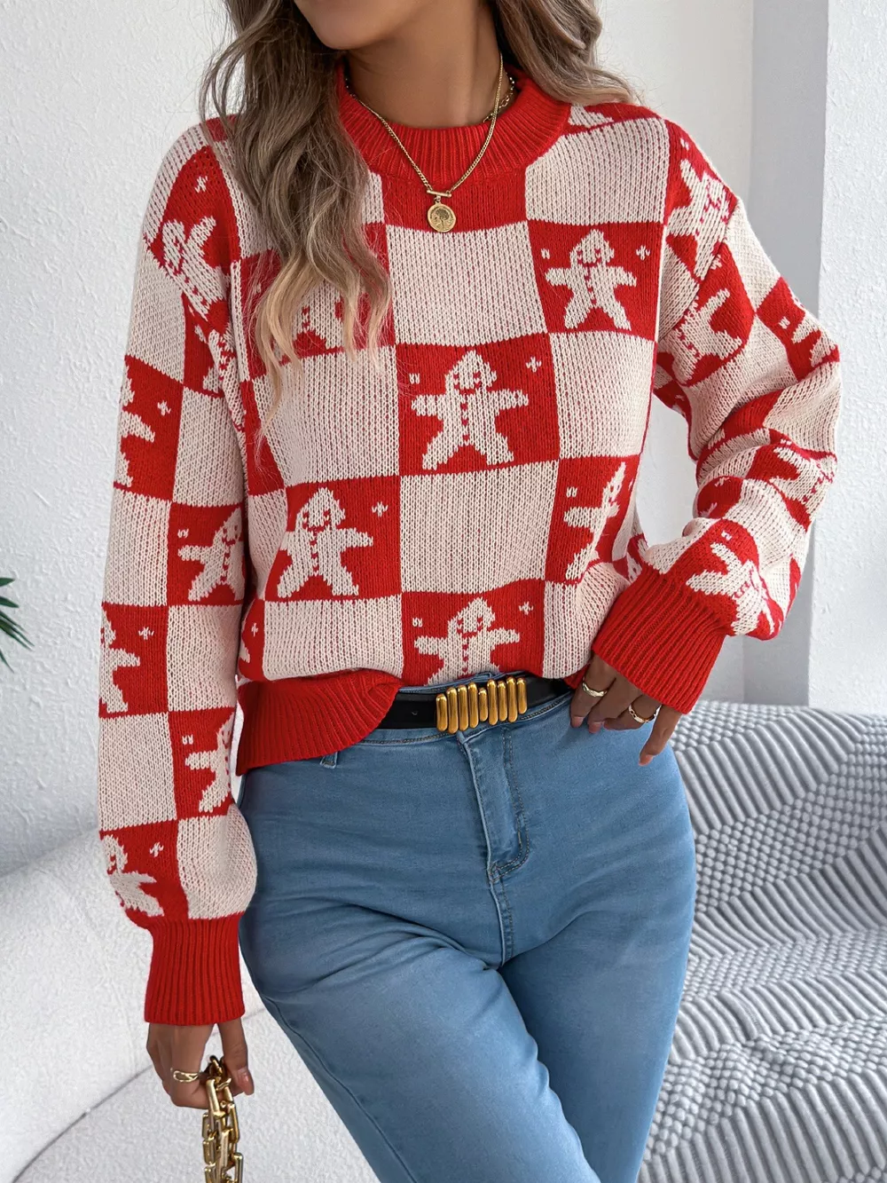 Christmas Checkerboard Gingerbread Round Neck Sweater, image 10