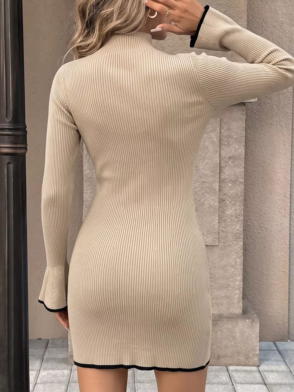 Ribbed Mock Neck Flare Sleeve Sweater Dress, image 6
