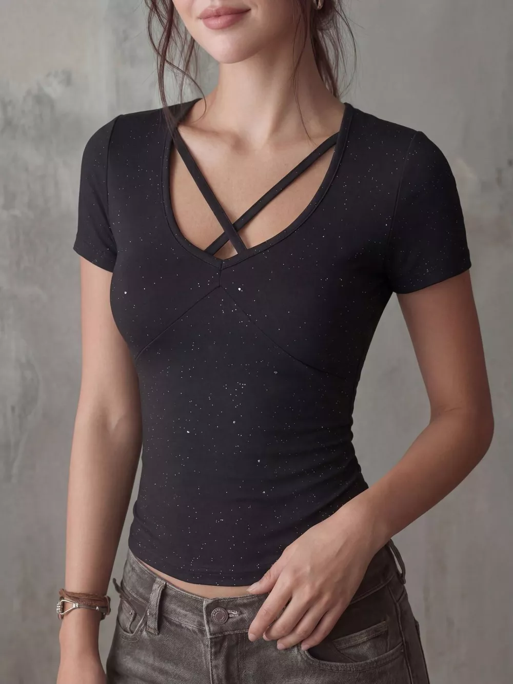 Crossover Short Sleeve Fitted T-Shirt, image 4