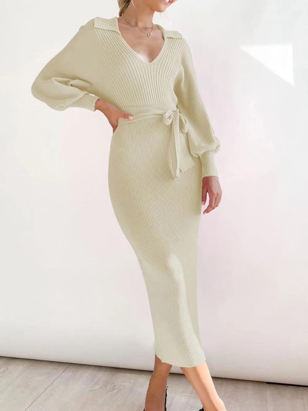 Tied Long Sleeve Wrap Sweater Dress, image 2