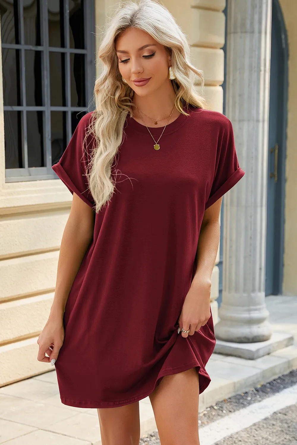 Round Neck Rolled Short Sleeve Tee Dress, image 2