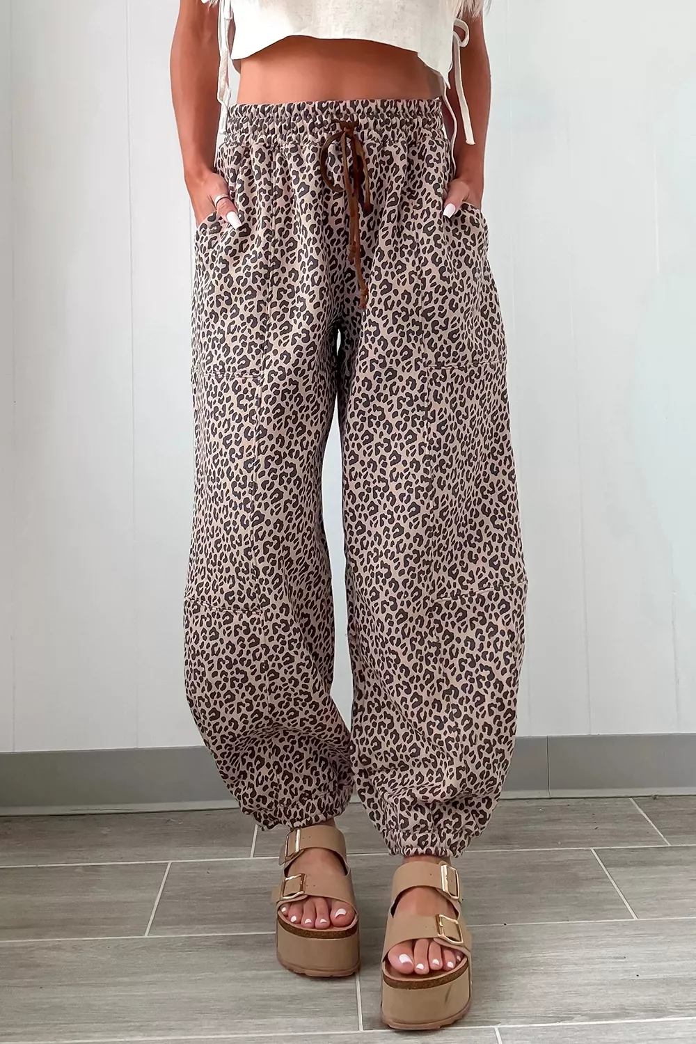 Leopard Print Elastic Waist Ankle Length Pants, image 2
