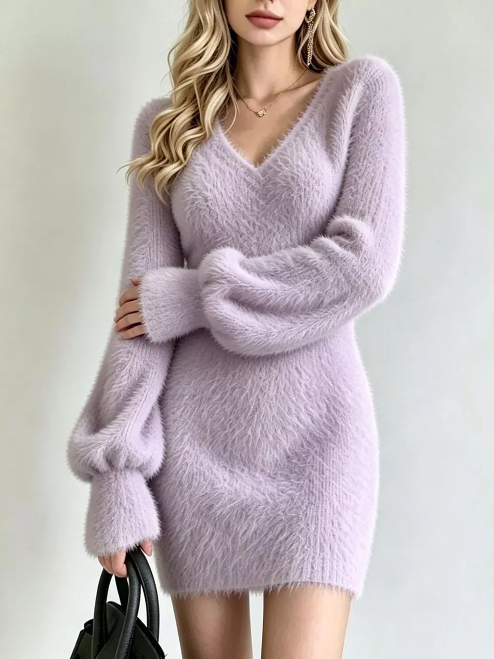Fuzzy V-Neck Long Sleeve Sweater Dress, image 13
