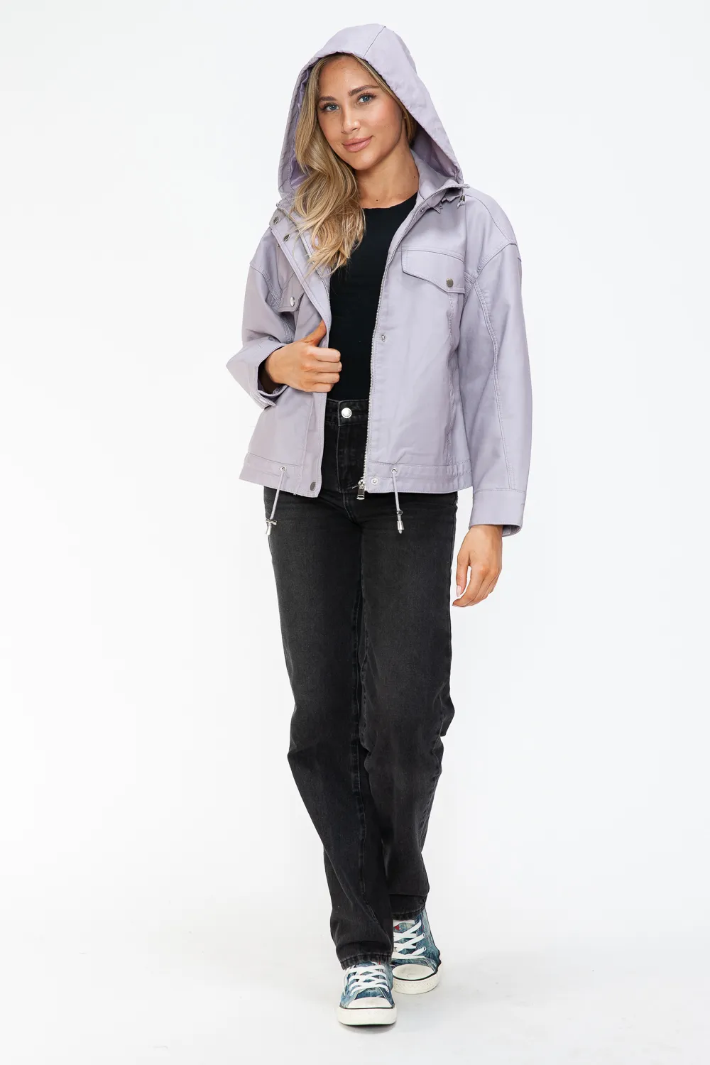 Drawstring Hem PU Leather Zip Up Jacket, image 23