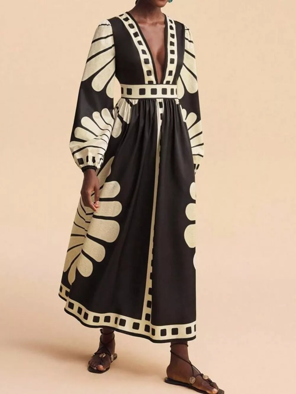 Printed Deep V-Neck Long Sleeve Dress, image 2