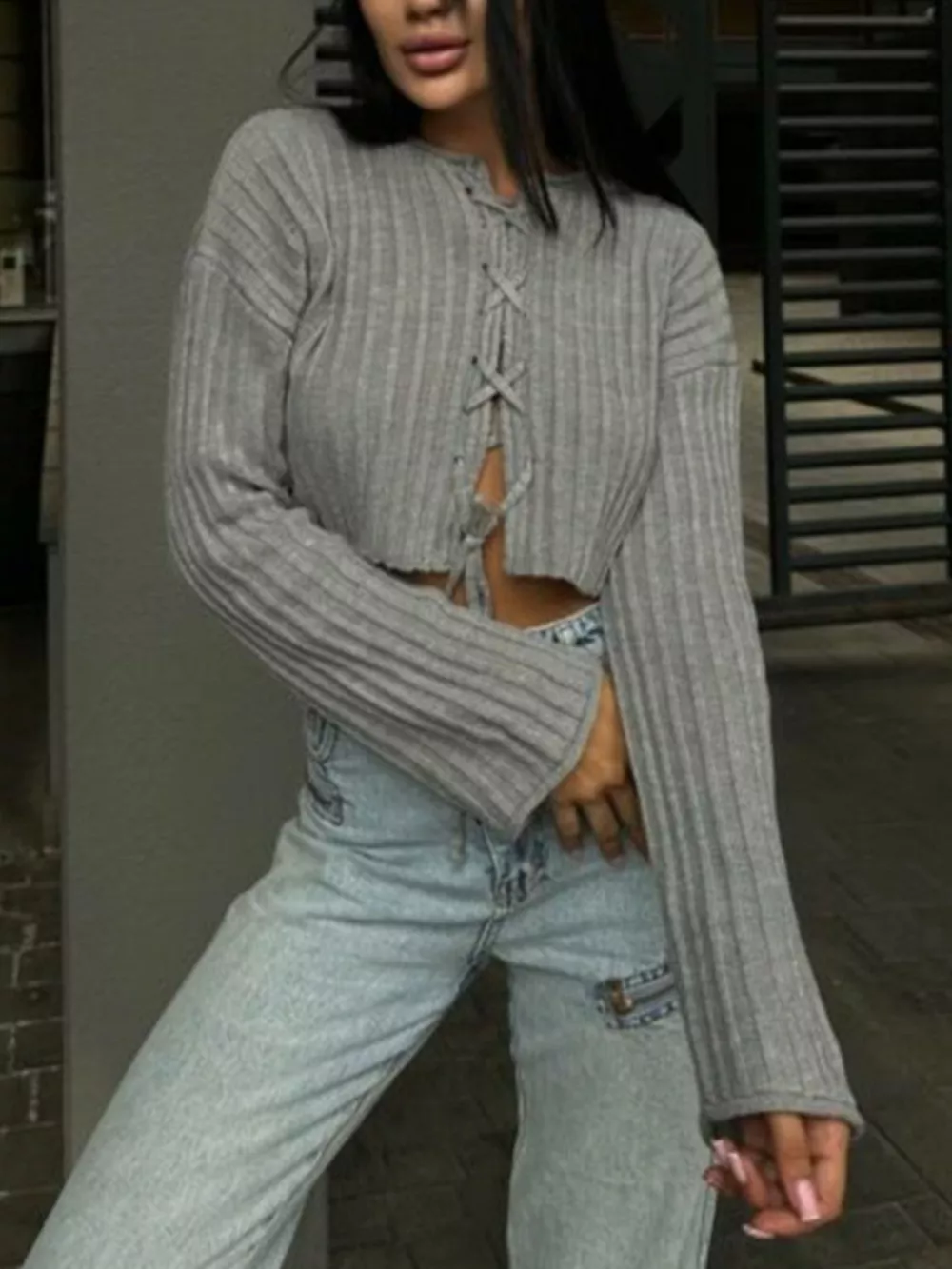 Ribbed Lace-Up Crop Sweater, image 7