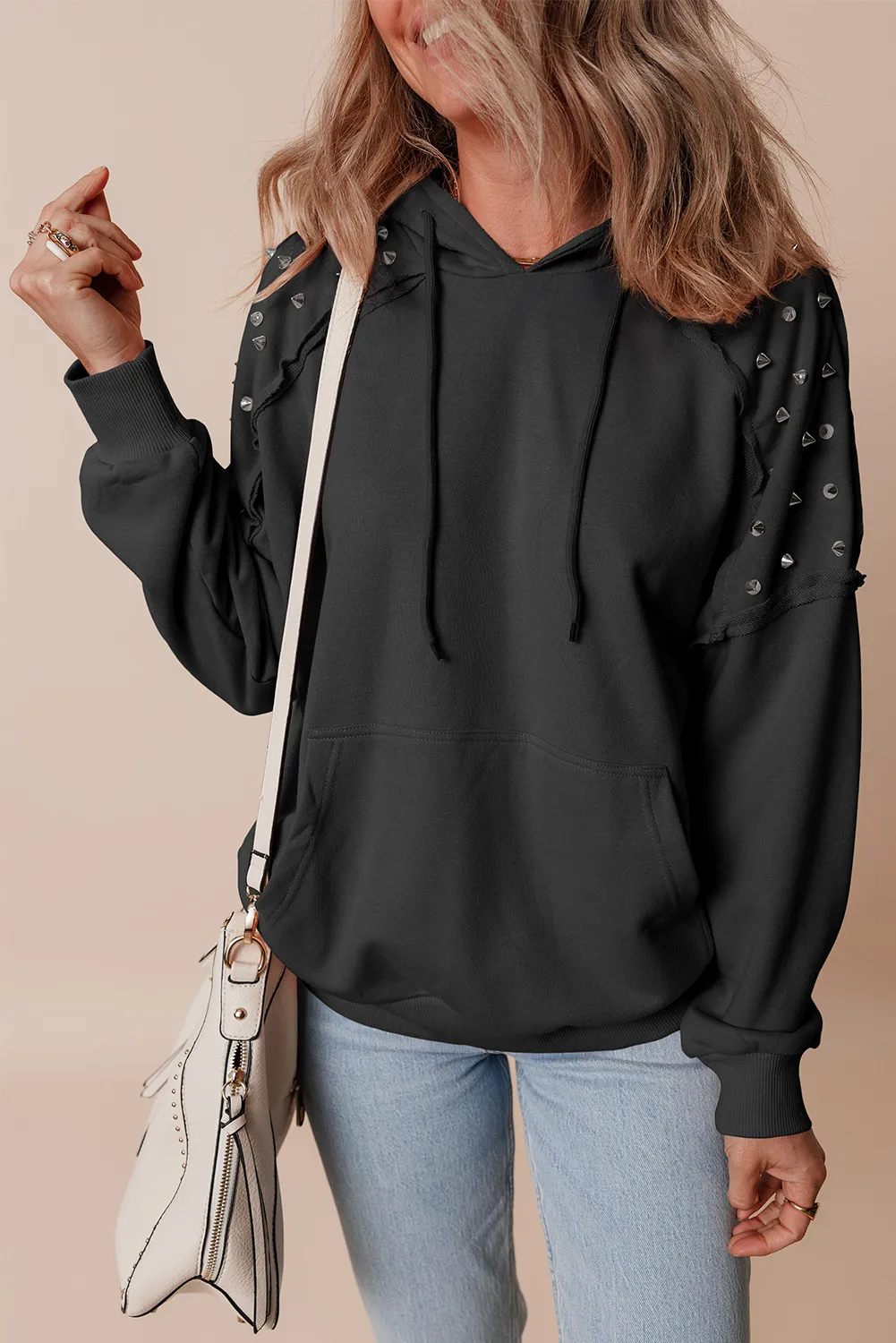 Rivet Drawstring Long Sleeve Hoodie, image 3